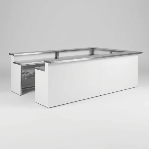 balcao-bar-modular-1 Balcão de bar modular branco em U com tampo em inox e prateleira de copos