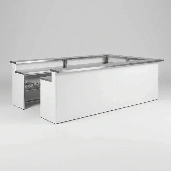 Balcão de bar modular branco em U com tampo em inox e prateleira de copos