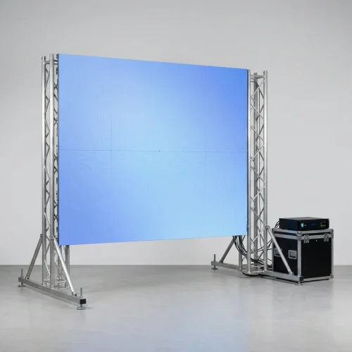 ecra-led-modular-p39-1 Ecrã LED modular montado em estrutura de truss, com processador e flightcase ao lado