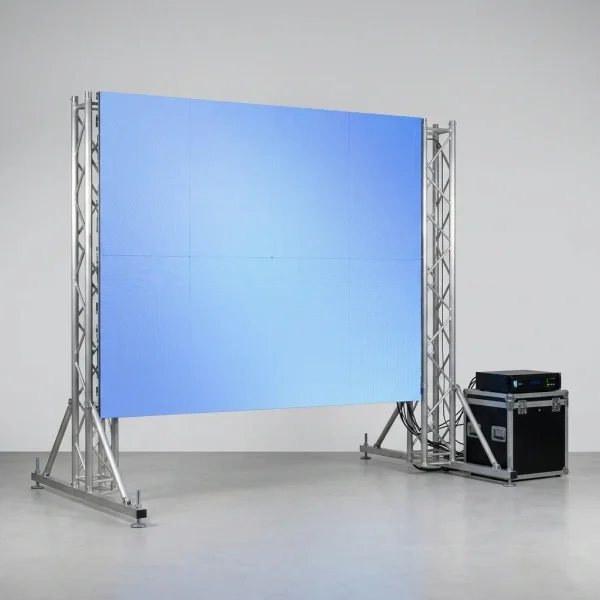 ecra-led-modular-p39-1 Ecrã LED modular montado em estrutura de truss, com processador e flightcase ao lado