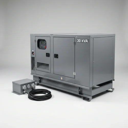 gerador-silencioso-1 Gerador insonorizado de 30 kVA cinzento com quadro de tomadas e cabo de alimentação