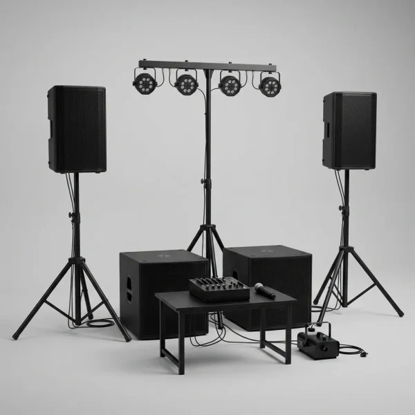 Pack de som para DJ com duas colunas em tripé, dois subgraves, mesa, microfone, barra de luzes e máquina de fumo