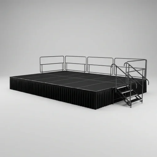 palco-modular-1 Palco modular descoberto com tampo preto, saia plissada, guarda-corpos e escada de acesso