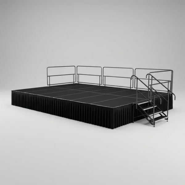 palco-modular-1 Palco modular descoberto com tampo preto, saia plissada, guarda-corpos e escada de acesso