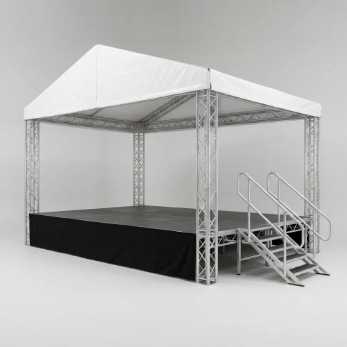 palco-modular-coberto-1 Palco modular com cobertura branca em truss de alumínio, saia preta e escada com corrimão