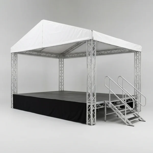 palco-modular-coberto-1 Palco modular com cobertura branca em truss de alumínio, saia preta e escada com corrimão