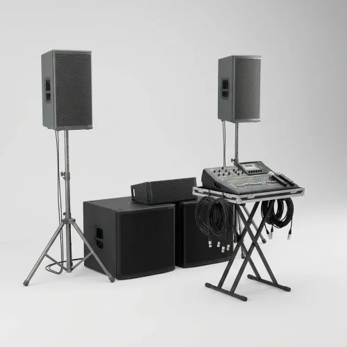 sistema-som-eventos-1 Sistema de som para eventos com colunas em tripé, dois subgraves, mesa digital, microfones e cabos