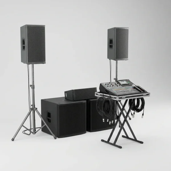 sistema-som-eventos-1 Sistema de som para eventos com colunas em tripé, dois subgraves, mesa digital, microfones e cabos