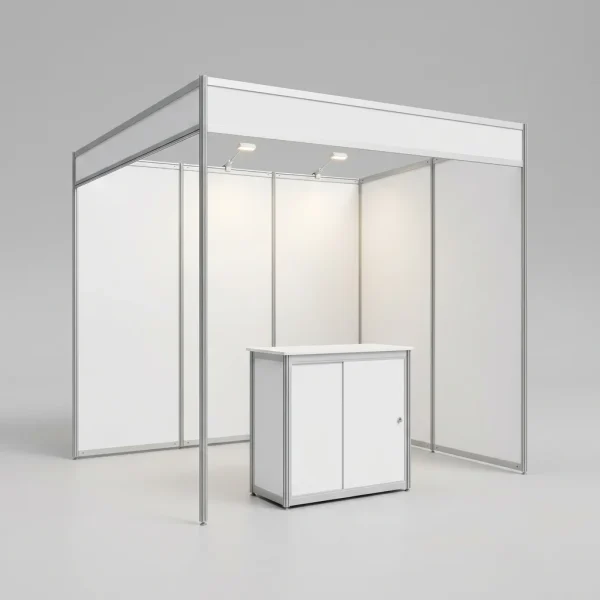 Stand modular 3x3 com painéis brancos, testeira, focos de iluminação e balcão fechado