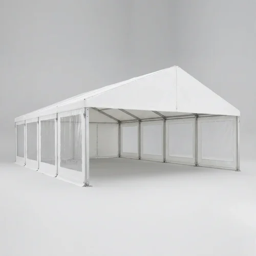 Tenda pavilhão branca com janelas transparentes nas laterais e frente aberta
