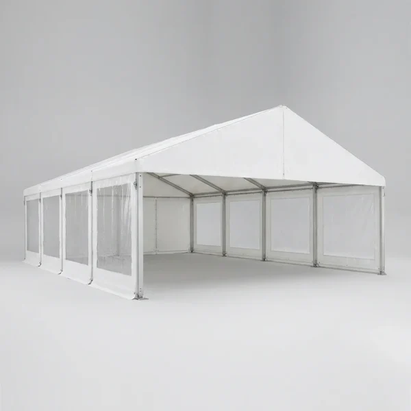 Tenda pavilhão branca com janelas transparentes nas laterais e frente aberta