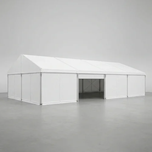 Tenda pavilhão 10x20 branca fechada, com portão de enrolar na lateral