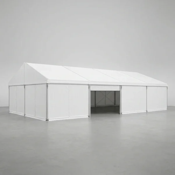 tenda-pavilhao-10x20-1 Tenda pavilhão 10x20 branca fechada, com portão de enrolar na lateral